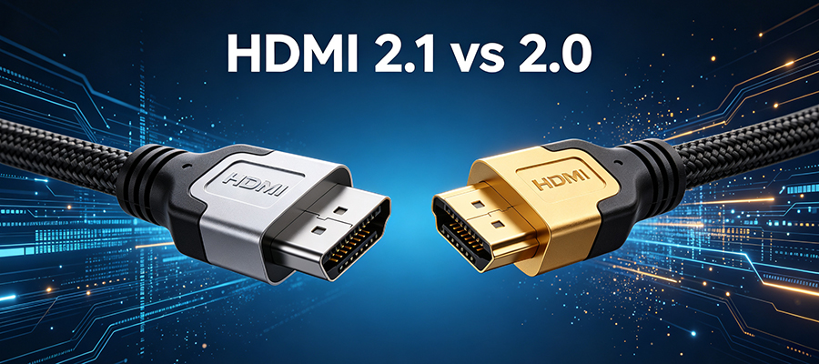 HDMI 2.1 vs 2.0 blog cover featuring two HDMI cables with silver and gold connectors on dark blue tech background 使用建议: