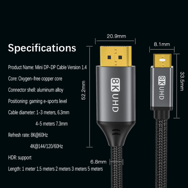 8K 60Hz Bidirectional Mini DP to DP 1.4 Cable - Image 4