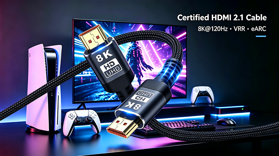 Black nylon braided certified HDMI 2.1 cable 8K 120Hz gaming with PS5 console and 8K smart TV